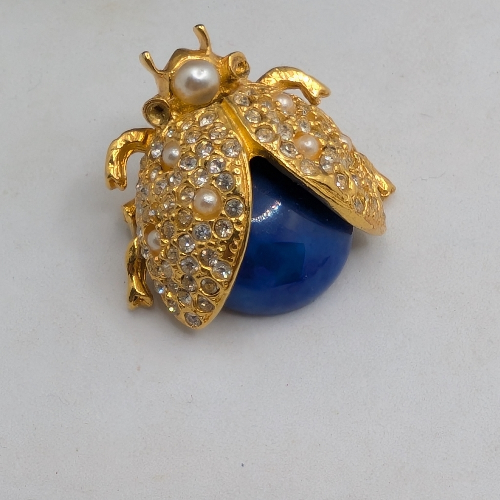 Vintage Blue Moonstone & Pearl Ladybug Brooch Pin - Picture 1 of 3